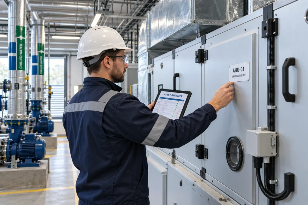 Illustration of an engineer checking an equipment identification tag against a tablet asset register