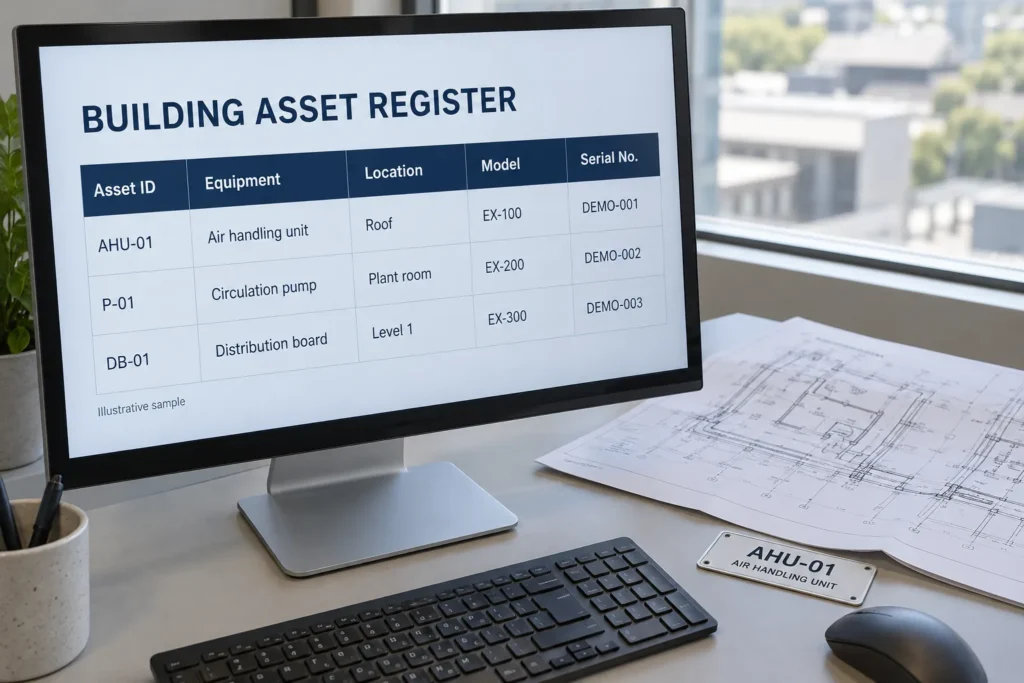 Illustrative building equipment asset register showing asset IDs, locations, models and serial numbers