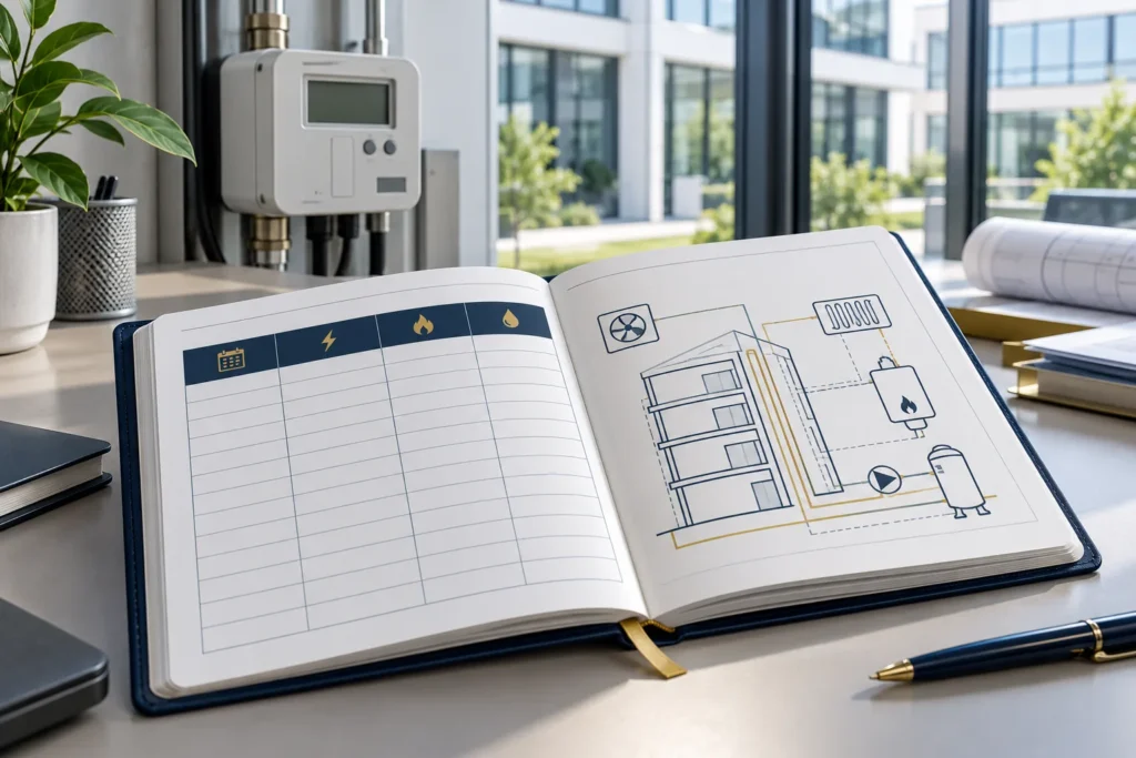 Illustration of building logbook energy records and a building-services overview