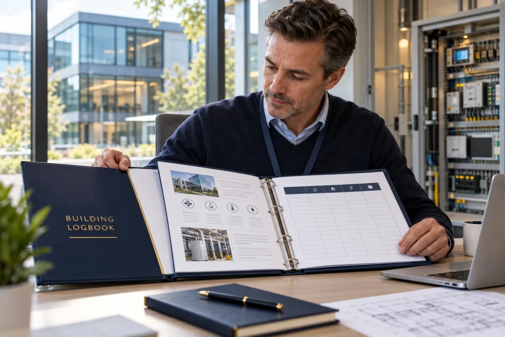Illustration of a facilities manager reviewing a building logbook and energy record sections